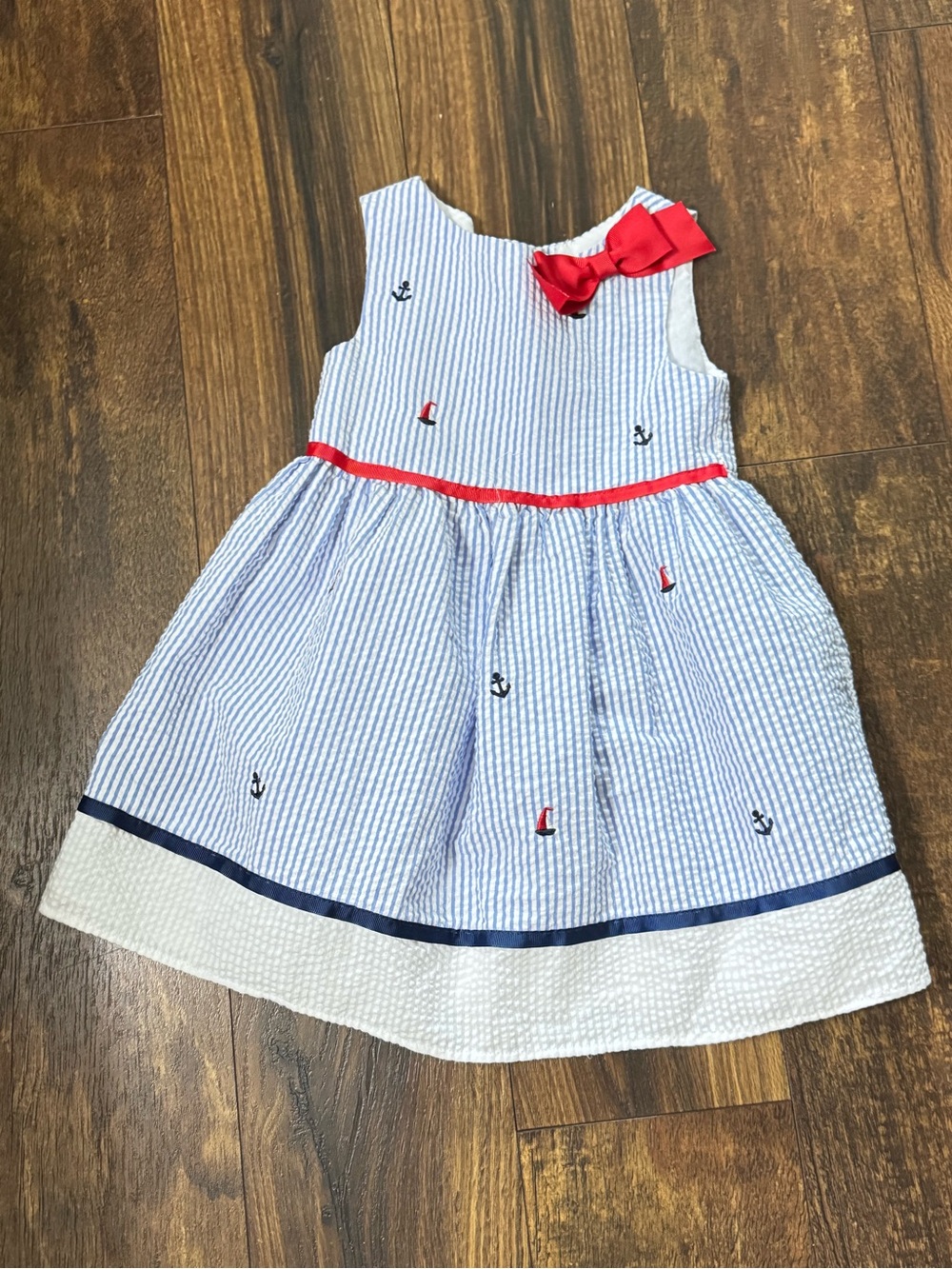 Rare Editions Navy, White & Red Nautical Seersucker Dress